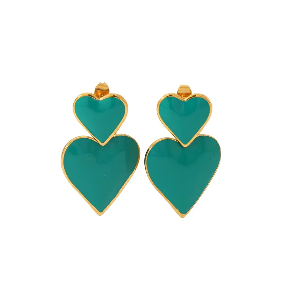 1 Pair Sweet Fresh Style Double Heart Shape Enamel Stainless Steel 18K Gold Plated Women's Drop Earrings h5 